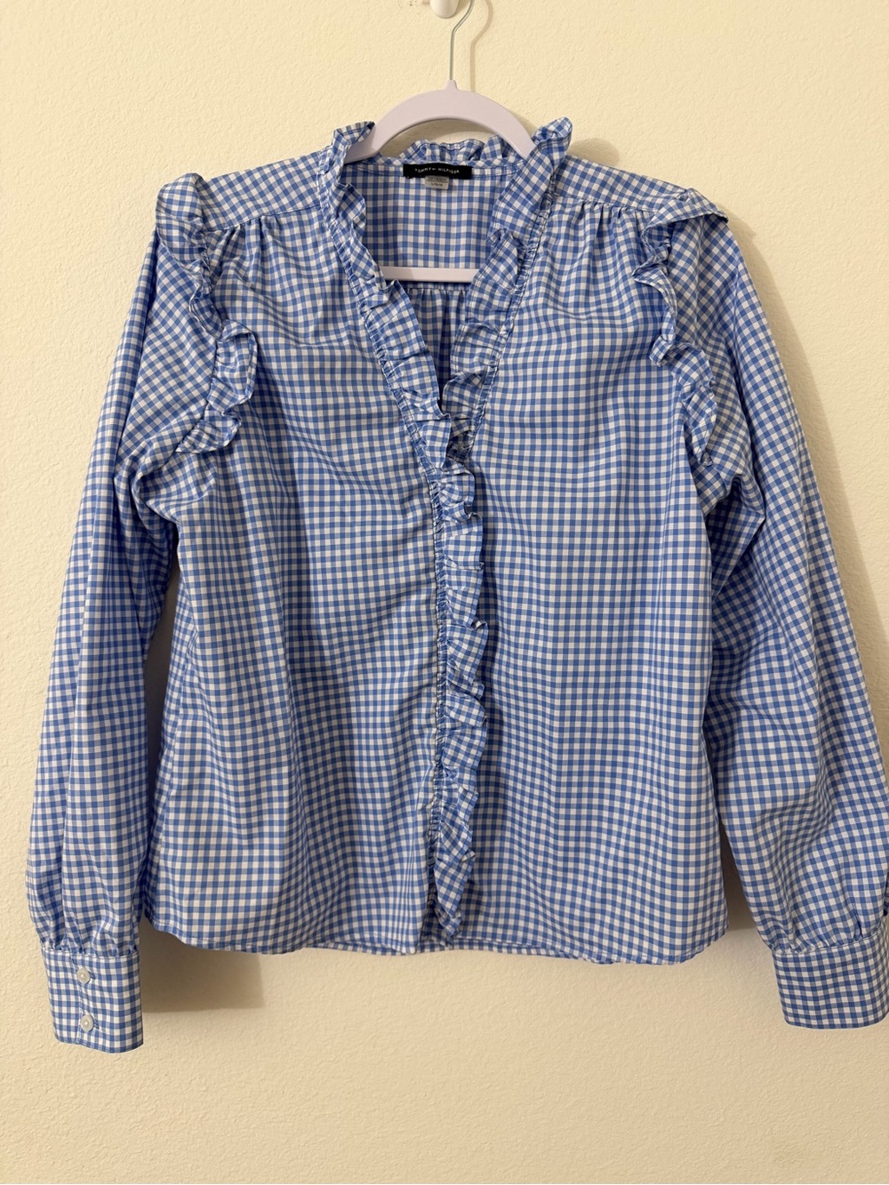 Tommy Hilfiger Light Blue and White Gingham Ruffle Shirt